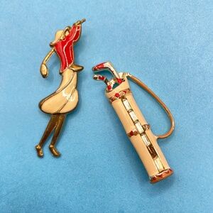 Lady Golfer & Golf Clubs Enamel Brooch Set Of Two Red & Cream Vintage